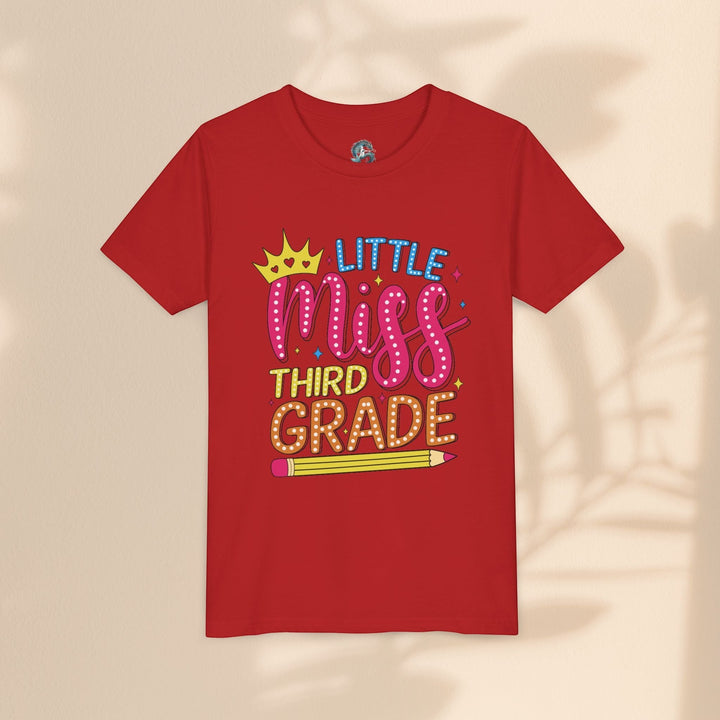Sea Dragon Dreams red youth t-shirt with Little Miss Third Grade graphic featuring a crown and pencil design.