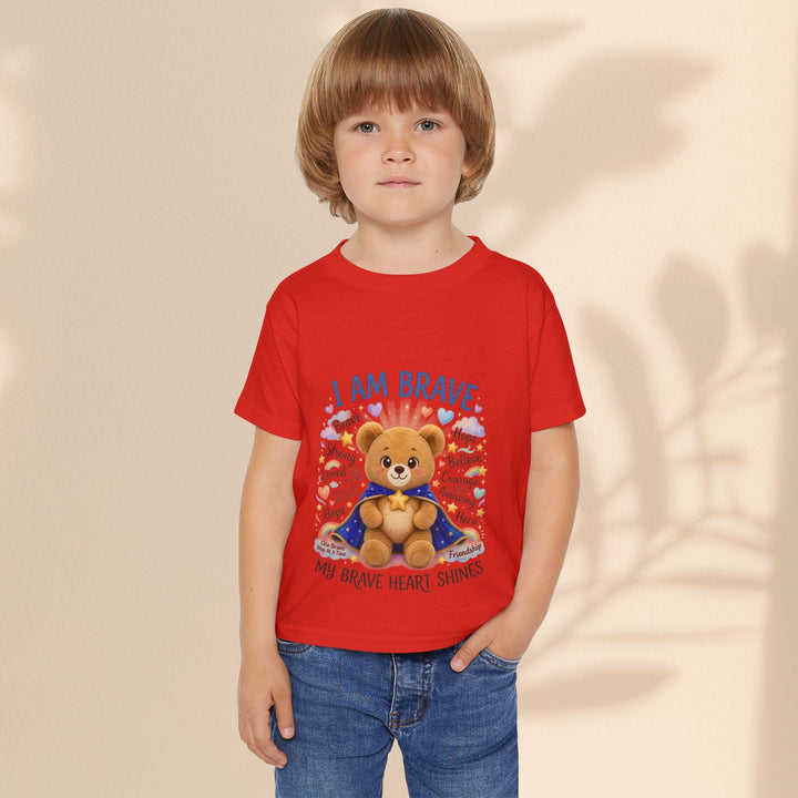 Sea Dragon Dreams toddler red cotton t-shirt featuring a cute teddy bear graphic with the text I Am Brave