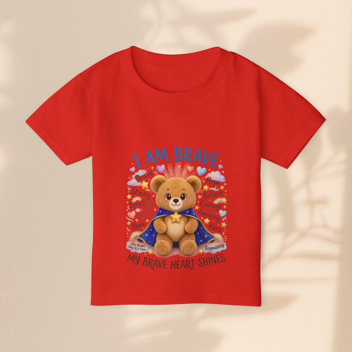 Sea Dragon Dreams red toddler t-shirt featuring a cute teddy bear in a cape with the text I Am Brave and affirmations.