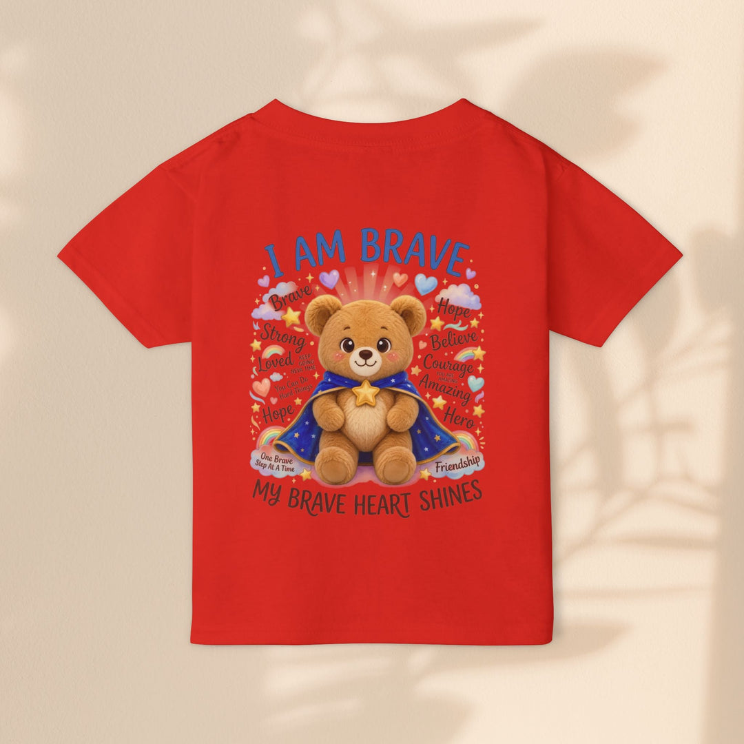 Sea Dragon Dreams red toddler t-shirt featuring a cute teddy bear graphic with the affirmation I Am Brave.