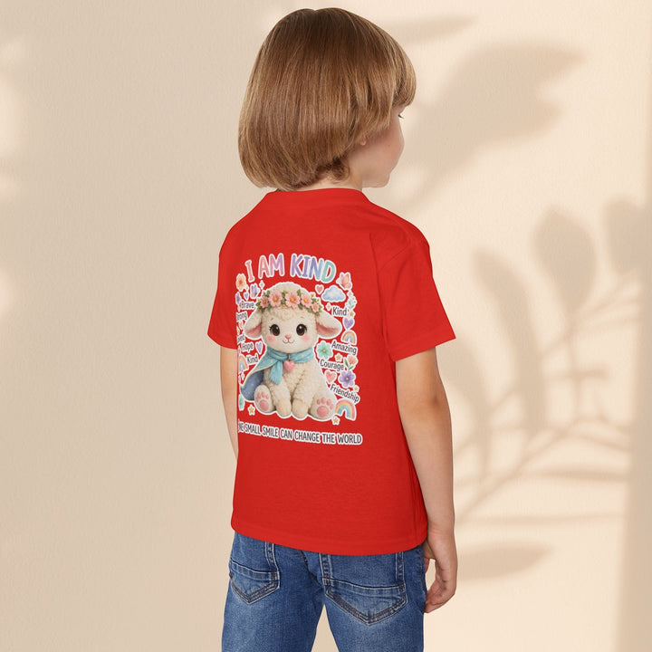 Sea Dragon Dreams toddler t-shirt in red cotton featuring a Grace Lamb graphic with the text I Am Kind on the back