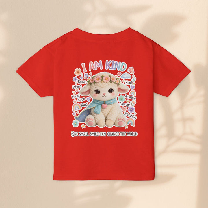 Sea Dragon Dreams red cotton toddler t-shirt featuring a Grace Lamb illustration with I Am Kind text and floral art.