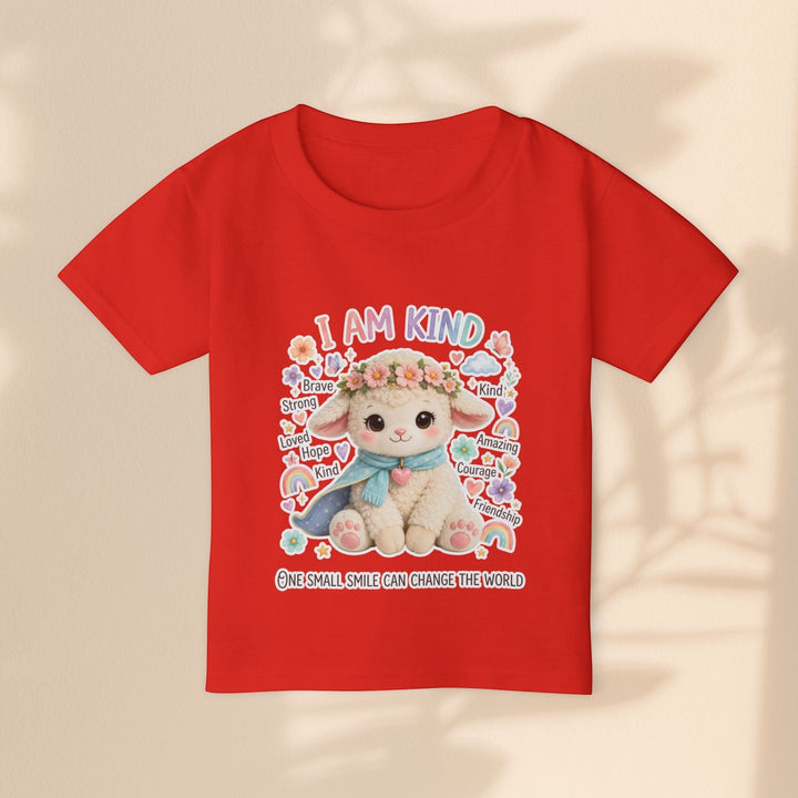 Sea Dragon Dreams red cotton toddler t-shirt featuring a cute Grace Lamb illustration with I Am Kind text.