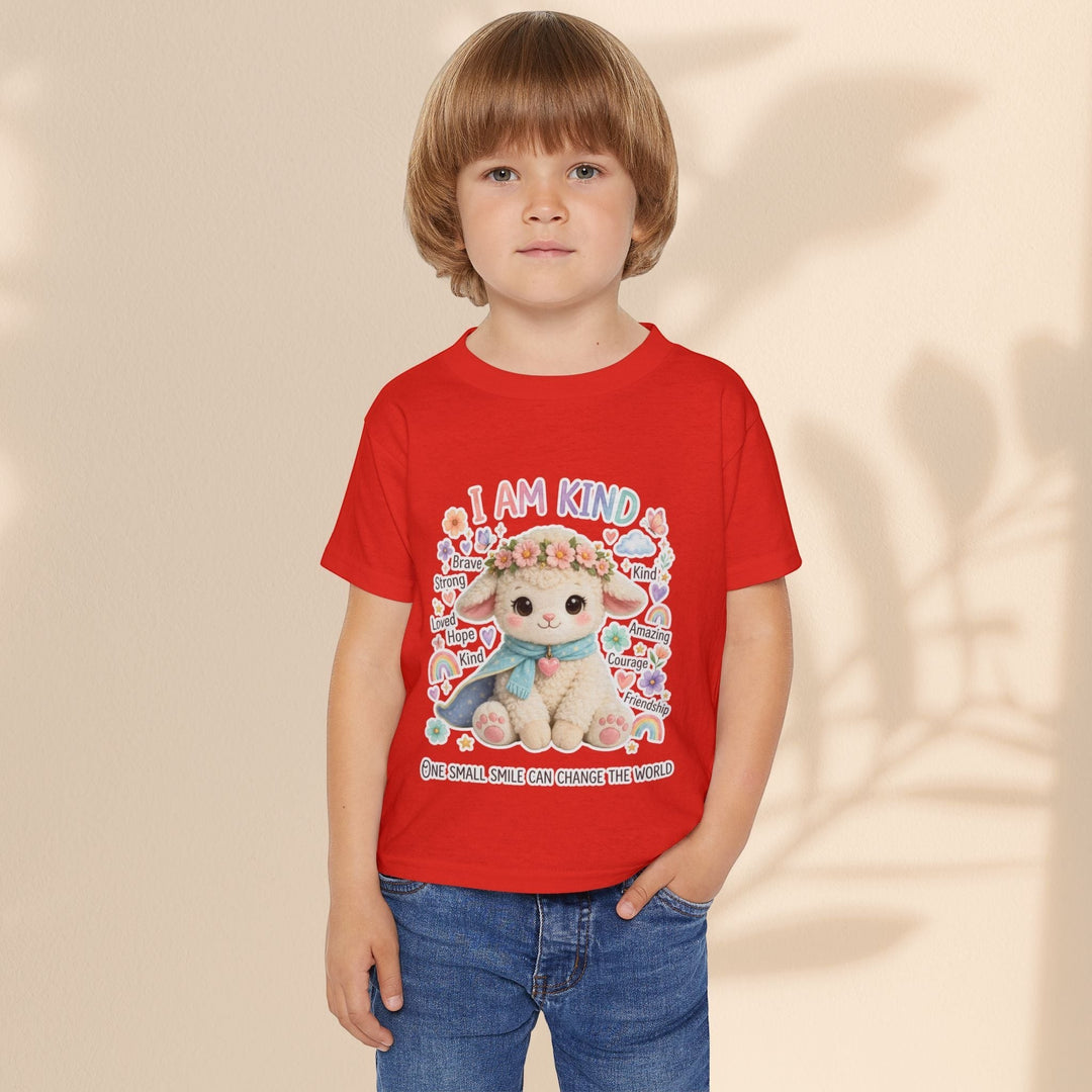 Sea Dragon Dreams toddler wearing a red cotton t-shirt featuring a Grace Lamb illustration and I Am Kind text.