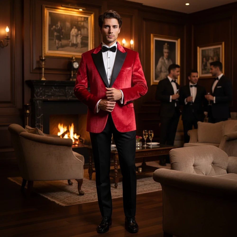 Sea Dragon Dreams Wessi red velvet tuxedo blazer with peak lapels worn by a man in a formal lounge setting.