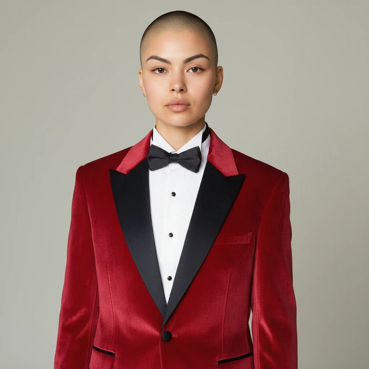 Sea Dragon Dreams Wessi red velvet tuxedo blazer with black peak lapels worn by a model with a white shirt and bow tie