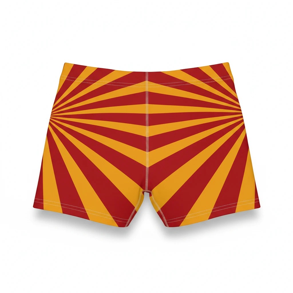 Sea Dragon Dreams women's skinny fit shorts in a vibrant red and yellow sunburst pattern with a faux suede finish.