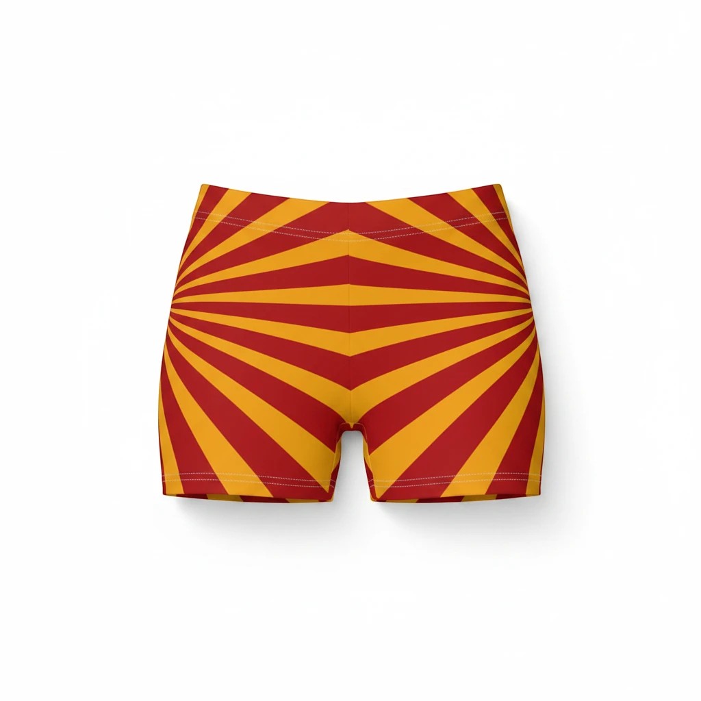 Sea Dragon Dreams women's skinny fit shorts in red and yellow with a vibrant sunburst pattern and faux suede finish.