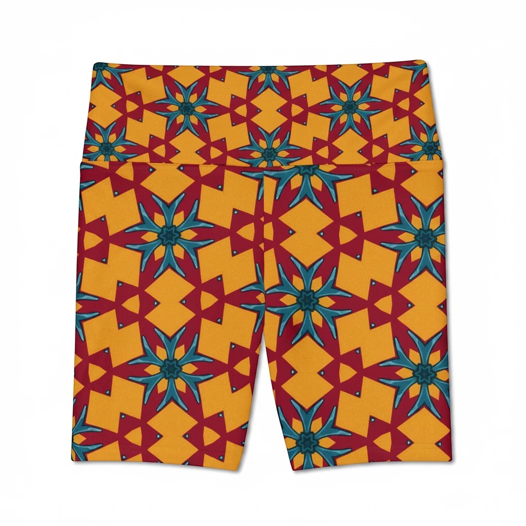 Sea Dragon Dreams women's workout shorts featuring a vibrant red and yellow geometric floral pattern in polyester.