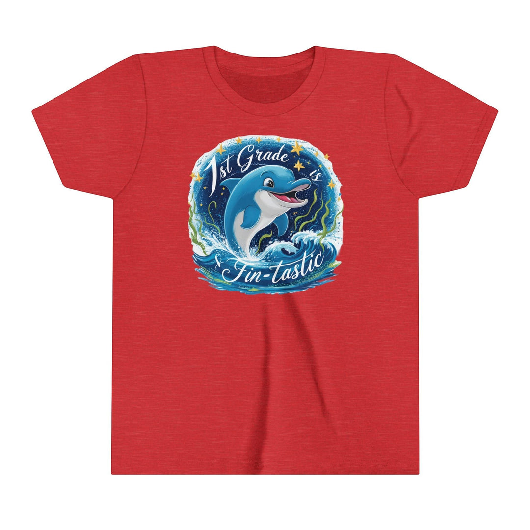 Sea Dragon Dreams red youth short sleeve t-shirt with a 1st Grade Fintastic dolphin graphic for back to school.