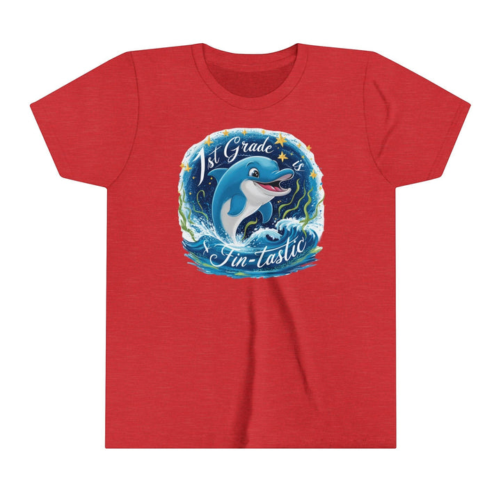 Sea Dragon Dreams red youth short sleeve t-shirt with a 1st Grade Fintastic dolphin graphic for back to school.