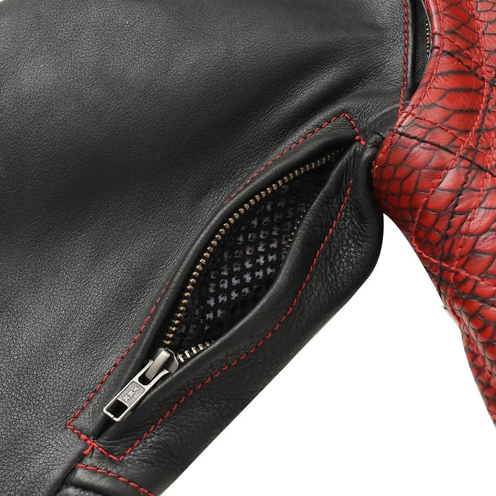 Sea Dragon Dreams Redstrike motorcycle jacket featuring a black leather underarm vent with red contrast stitching