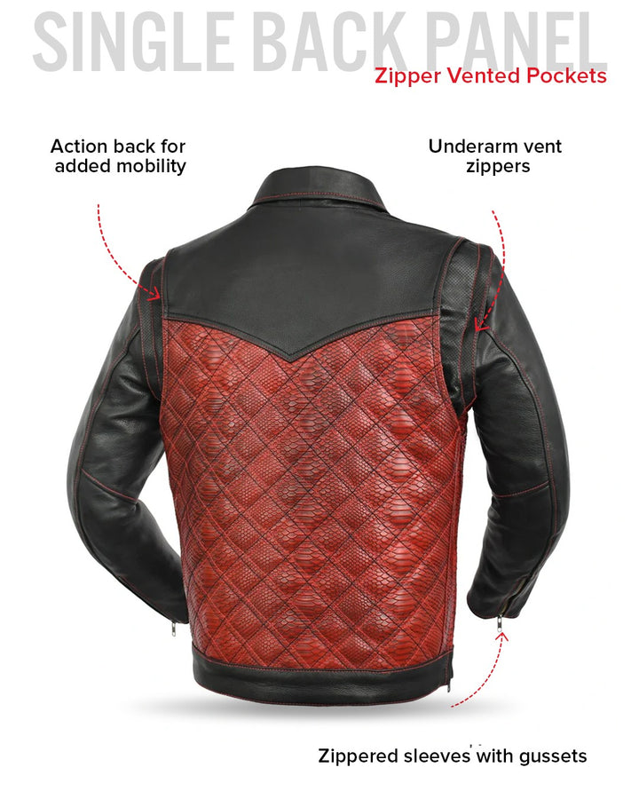 Sea Dragon Dreams Redstrike men's black and red diamond-quilted leather motorcycle jacket, back view with vents.
