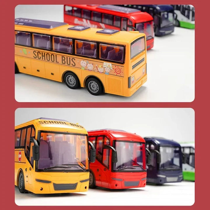 Sea Dragon Dreams 1:30 scale remote control buses in yellow, red, and blue, featuring realistic details and lights.