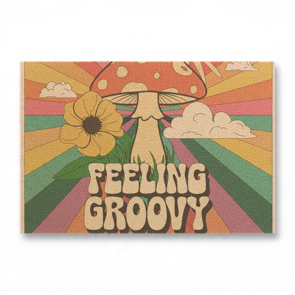 Sea Dragon Dreams Feeling Groovy door mat with retro mushroom, flower, and sunburst design on natural coir fiber.