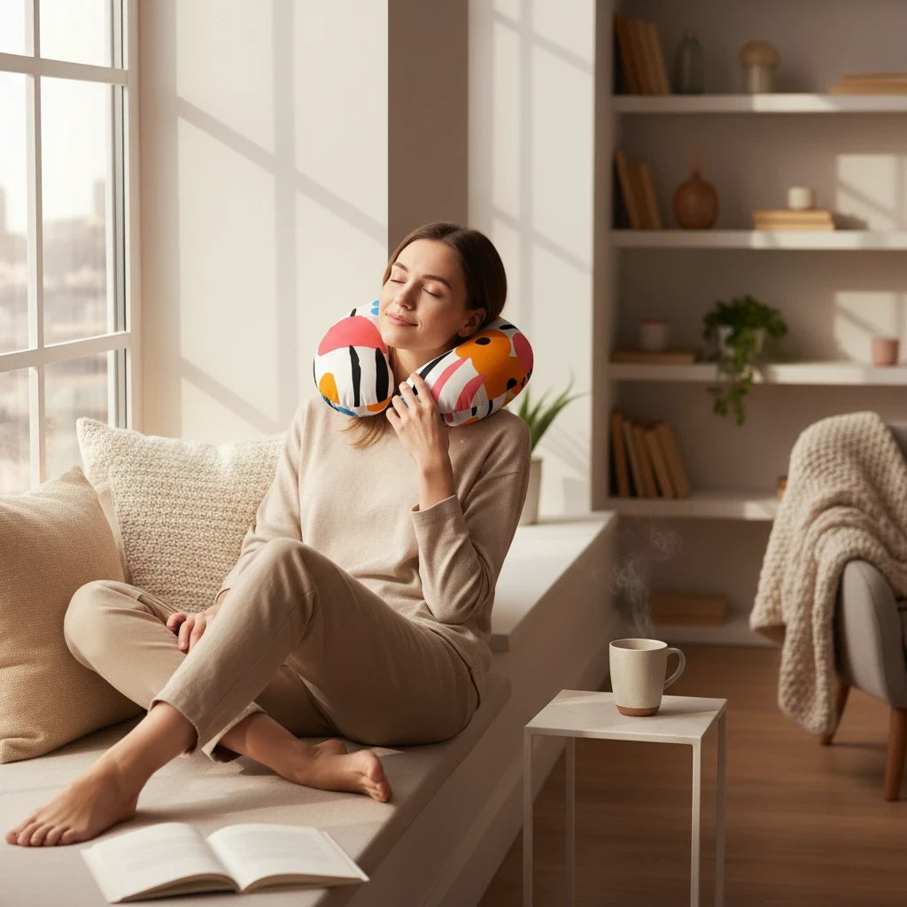 Sea Dragon Dreams nursing pillow cover with a retro happy print, worn by a woman relaxing on a sunny window seat.