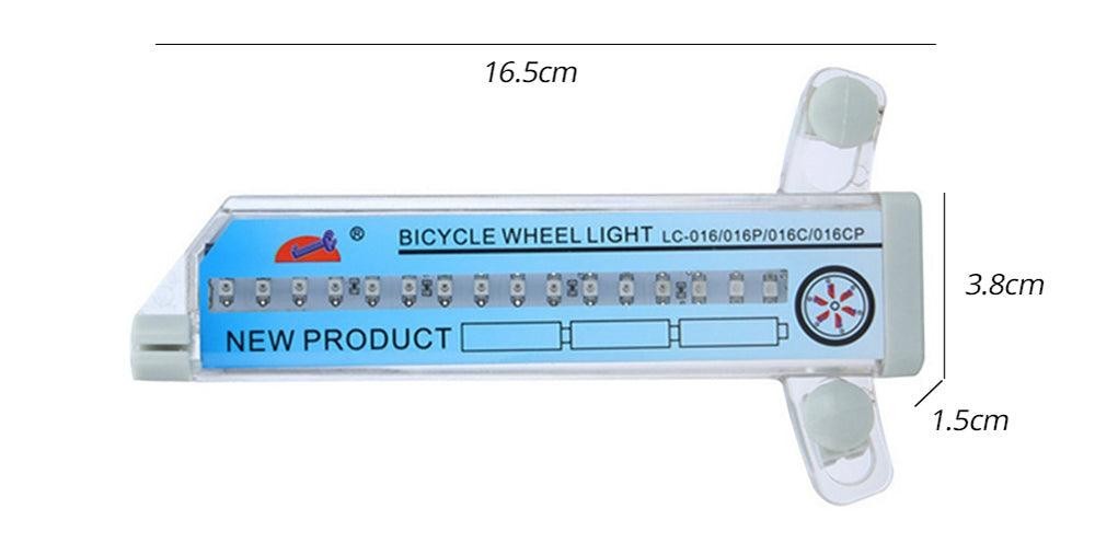 Sea Dragon Dreams RGB LED bike wheel light strip with 32 animated patterns, showing dimensions and mounting clips.