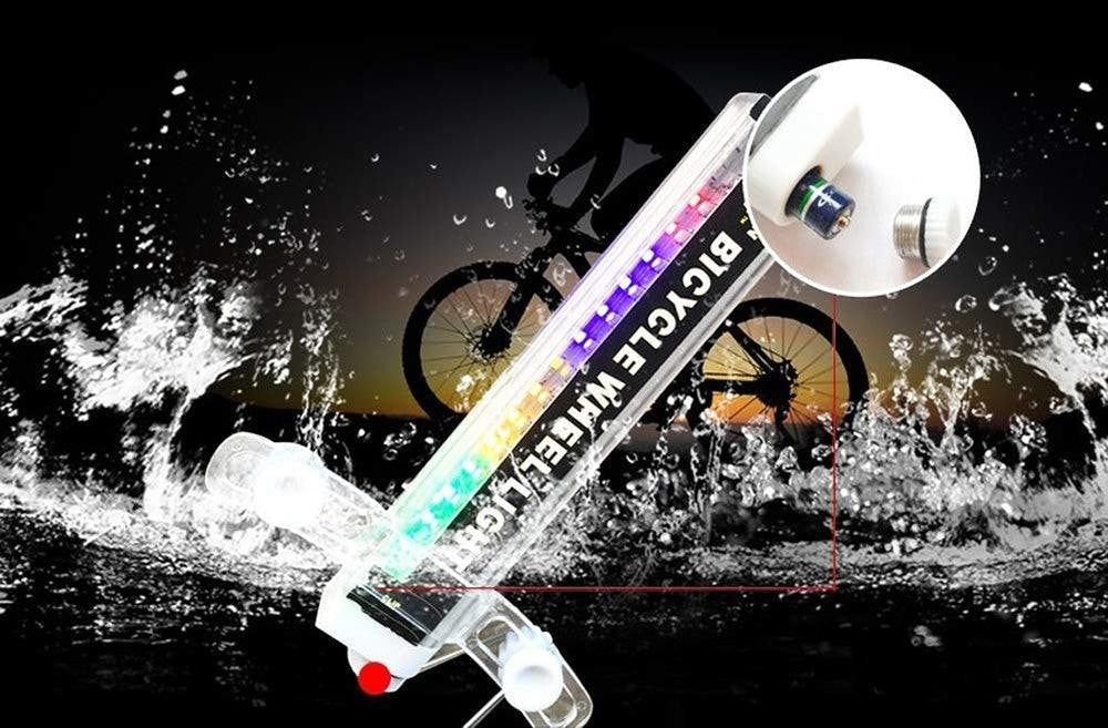 Sea Dragon Dreams RGB LED bike wheel light with 32 patterns, showing battery compartment and splash-proof design.