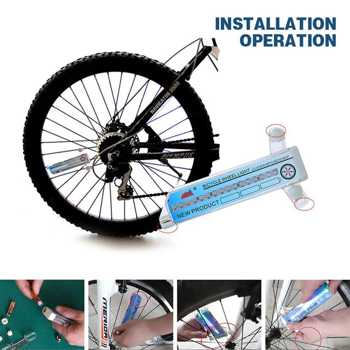 Sea Dragon Dreams RGB LED bike wheel light attached to bicycle spokes, showing installation steps and battery setup.