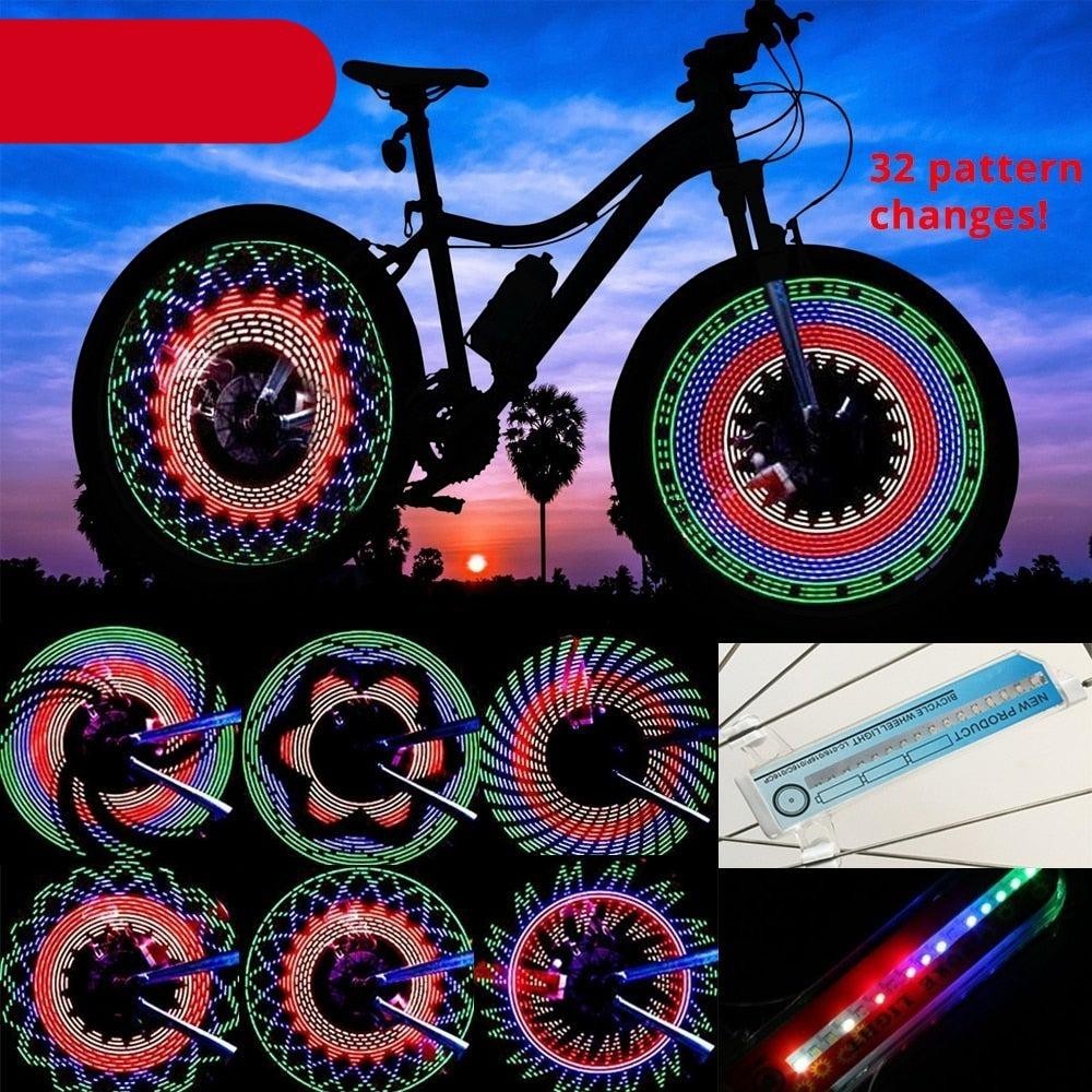 Sea Dragon Dreams RGB LED bike wheel lights showing 32 colorful animated patterns on bicycle spokes at sunset
