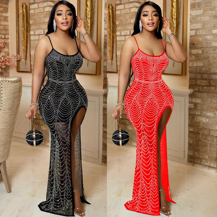 Sea Dragon Dreams sleeveless mesh party dresses in black and red with sparkling rhinestone patterns and high slits