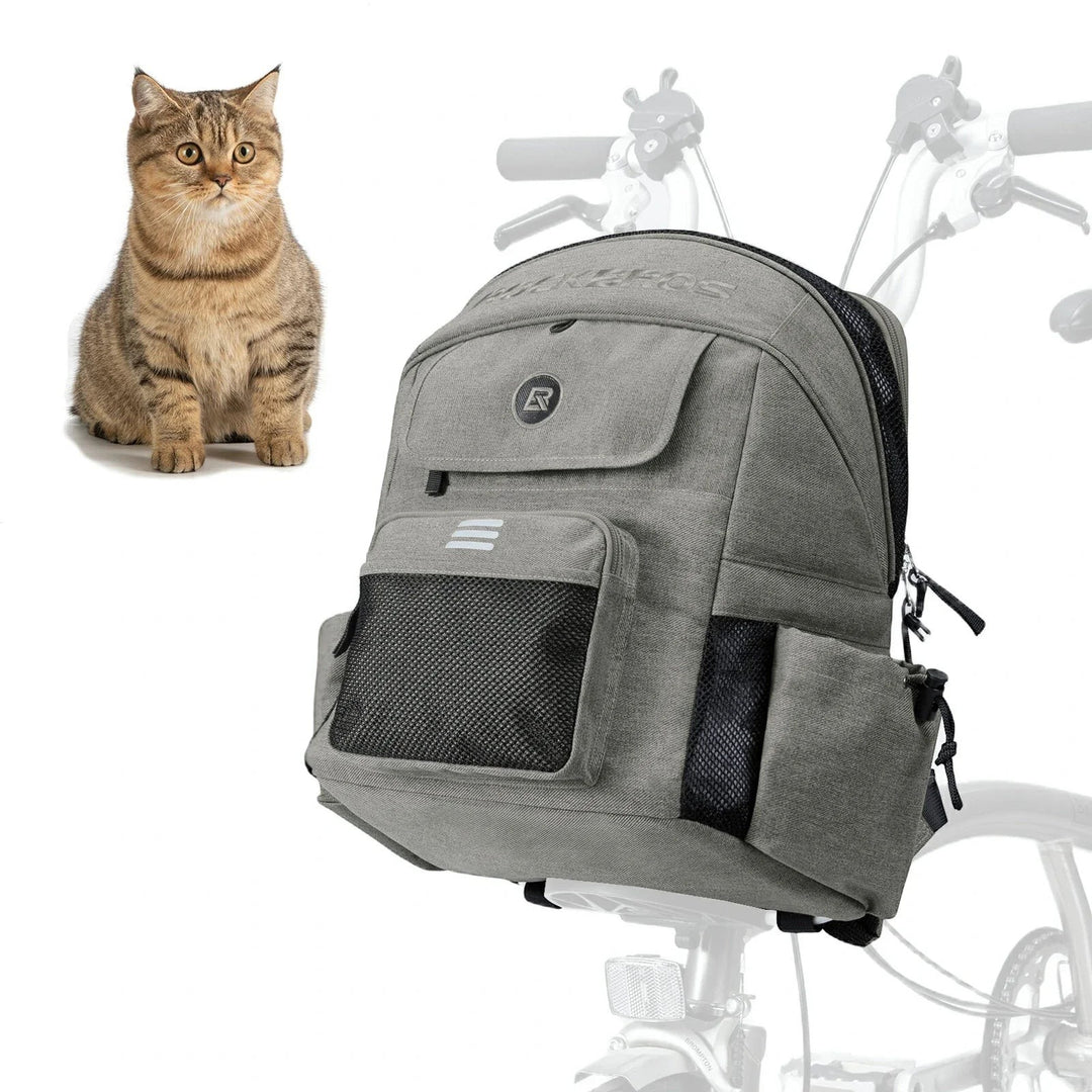 Sea Dragon Dreams ROCKBROS grey waterproof Oxford fabric pet carrier backpack mounted on a folding bike with a cat