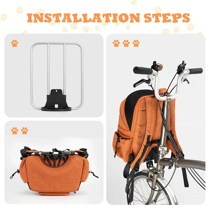 Sea Dragon Dreams ROCKBROS folding bike pet carrier backpack showing installation steps and mounting on handlebars