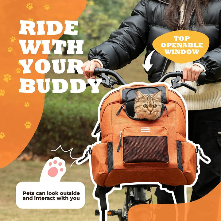 Sea Dragon Dreams ROCKBROS orange folding bike pet carrier backpack with a cat peeking out of the top window