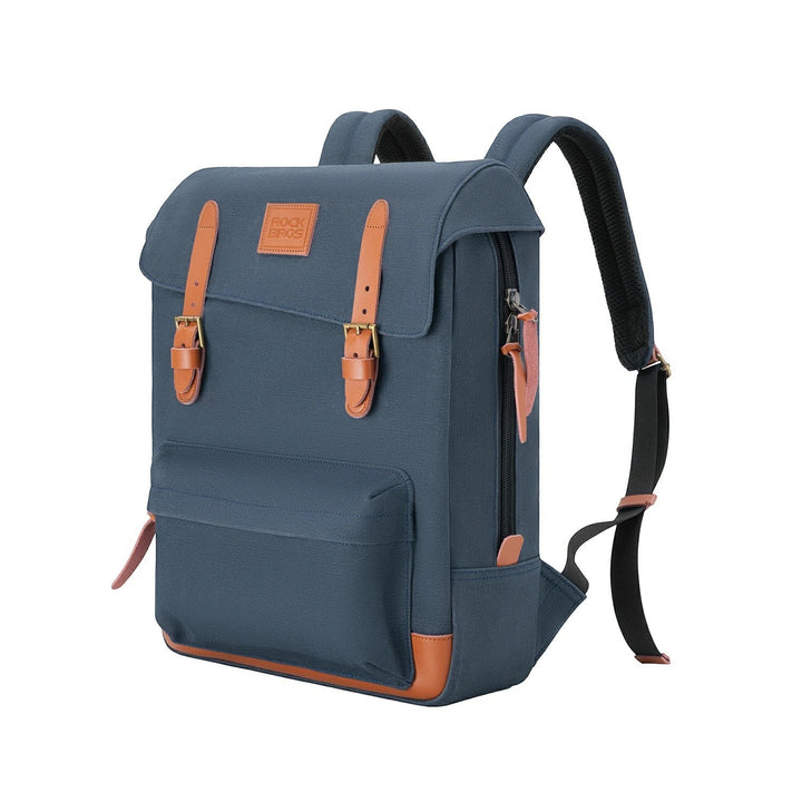 Sea Dragon Dreams ROCKBROS blue cotton vintage-style cycling backpack with tan leather trim and adjustable straps