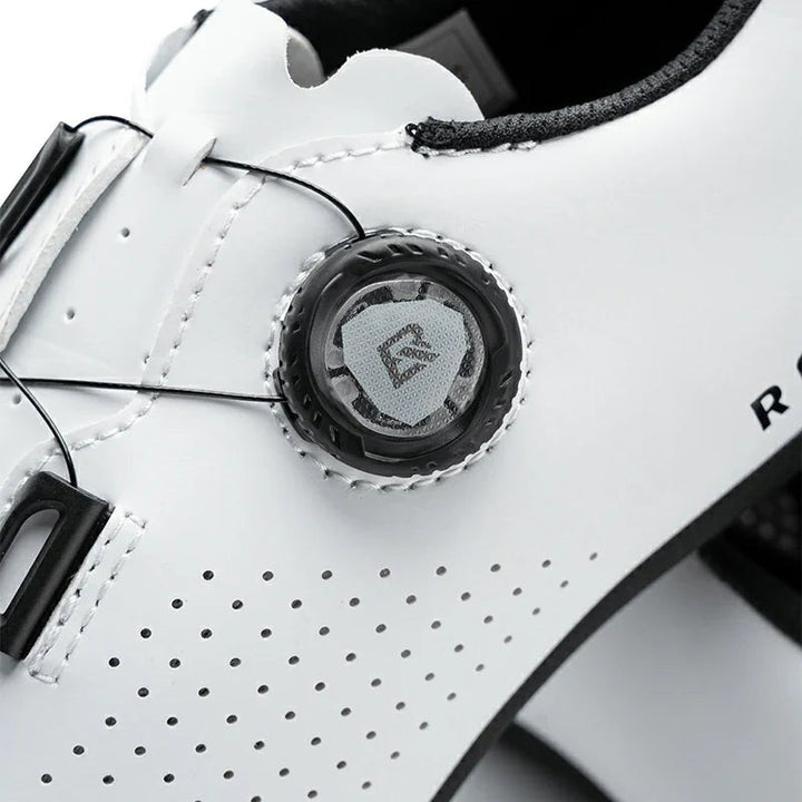 Sea Dragon Dreams ROCKBROS CR4 cycling shoe featuring a white microfiber upper with ETIE lock knob adjustment system