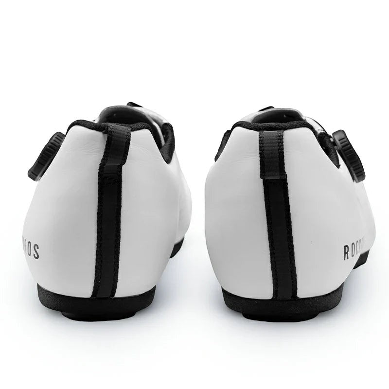 Sea Dragon Dreams ROCKBROS CR4 white lock-free cycling shoes, rear view showing heel support and ETIE knob closure.