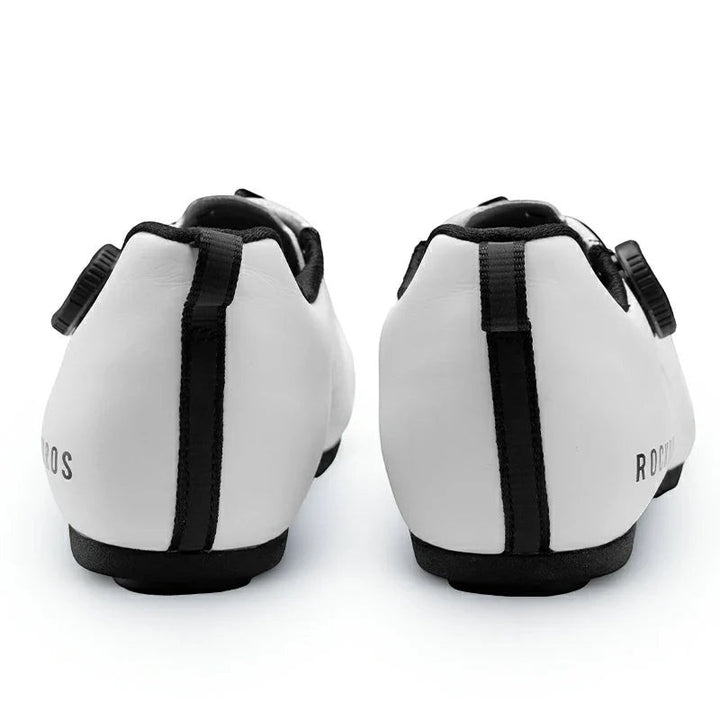 Sea Dragon Dreams ROCKBROS CR4 white lock-free cycling shoes, rear view showing heel support and ETIE knob closure.