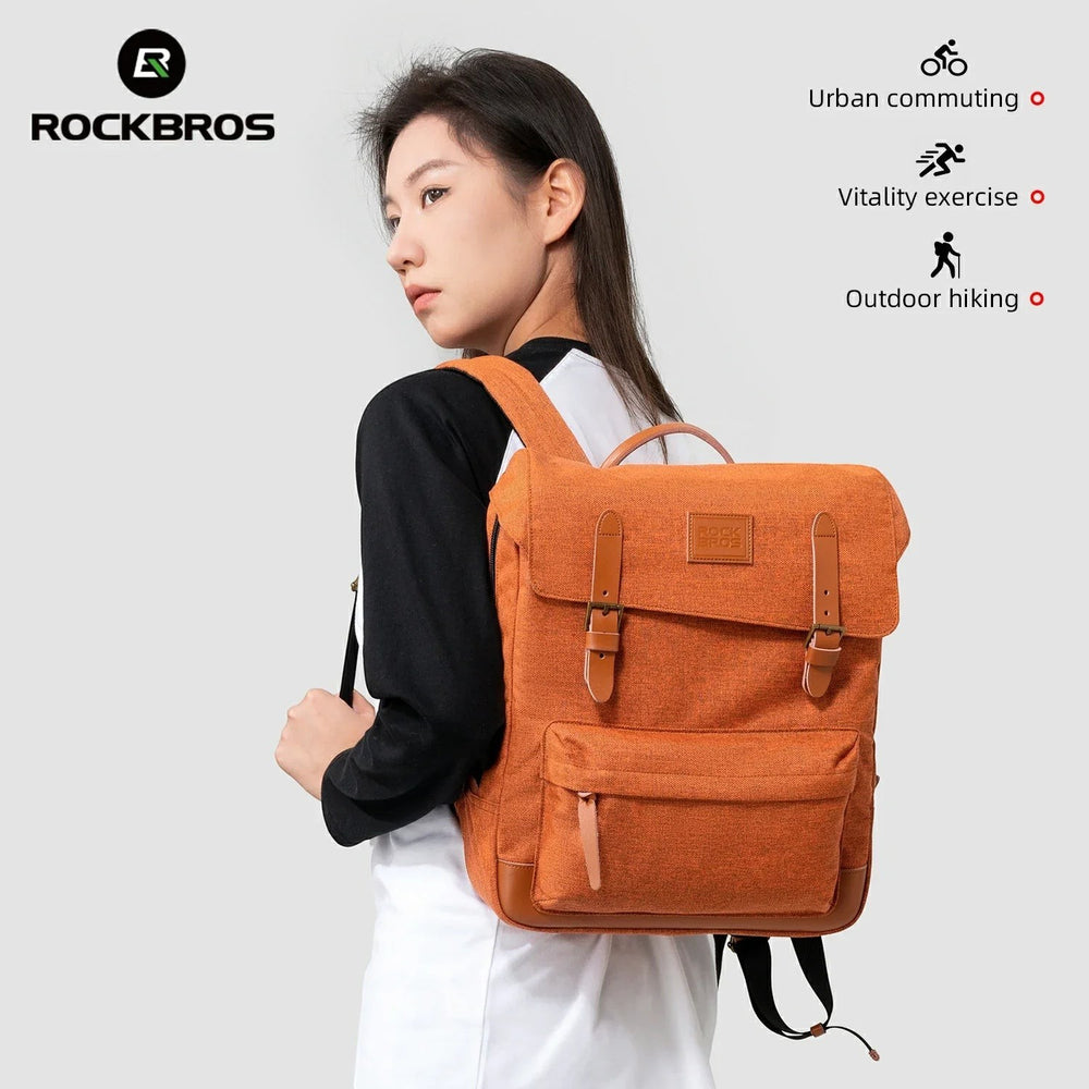 Sea Dragon Dreams ROCKBROS orange polyester vintage-style cycling backpack worn by a woman for urban commuting