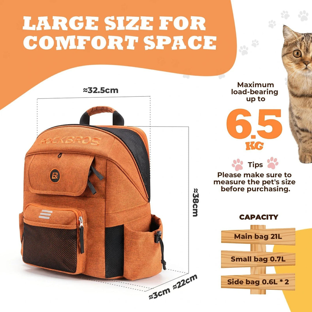 Sea Dragon Dreams ROCKBROS orange pet carrier backpack with mesh ventilation and pockets for small pets