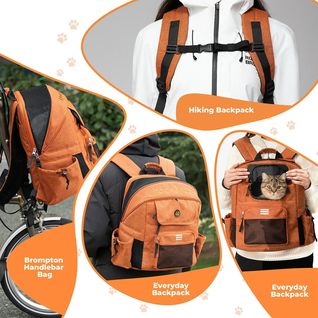 Sea Dragon Dreams ROCKBROS orange pet carrier backpack showing bike-mounted, hiking, and everyday carrying modes.