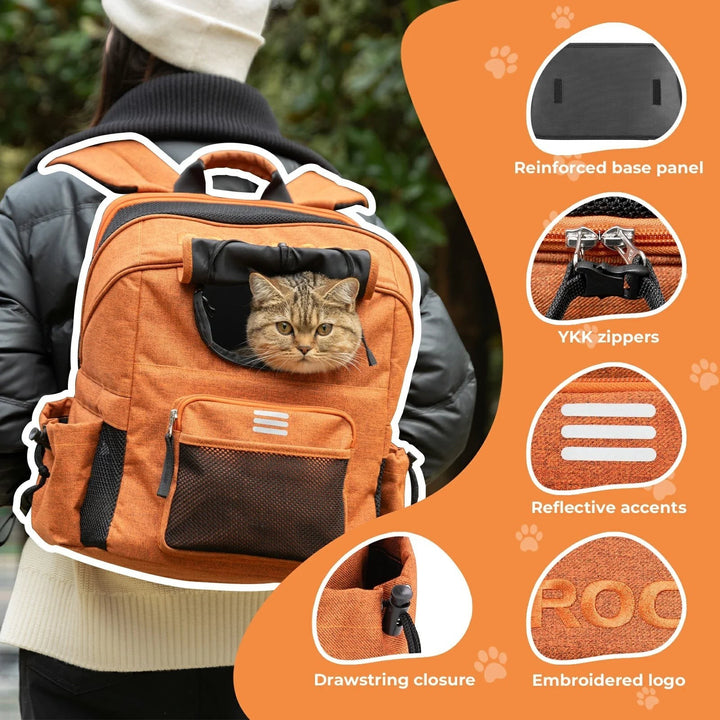 Sea Dragon Dreams ROCKBROS orange pet carrier backpack with a cat inside, featuring mesh windows and reflective details.