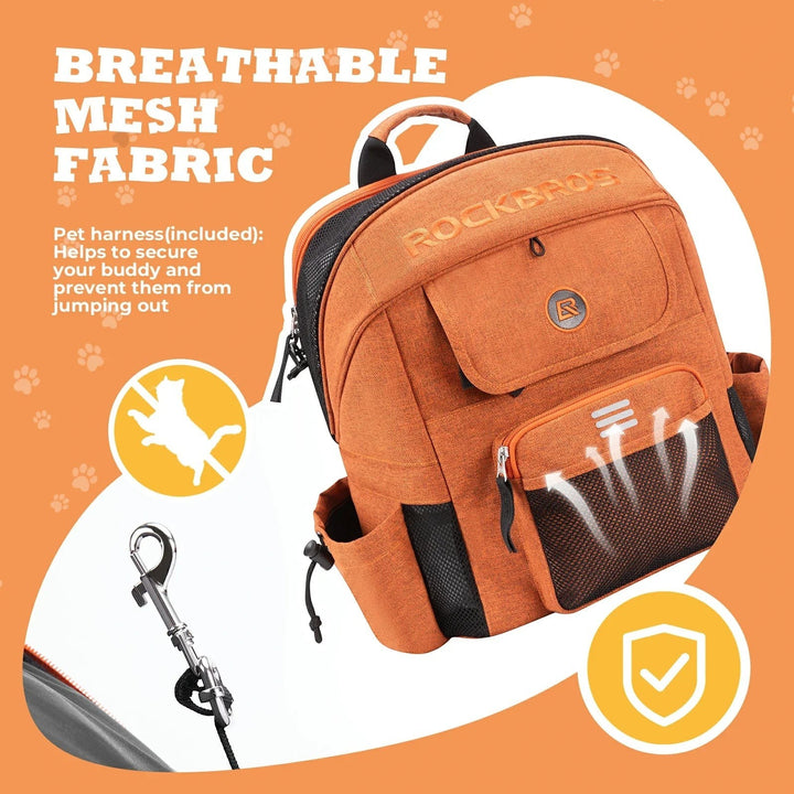 Sea Dragon Dreams ROCKBROS orange pet carrier backpack with breathable mesh, safety harness, and waterproof fabric.