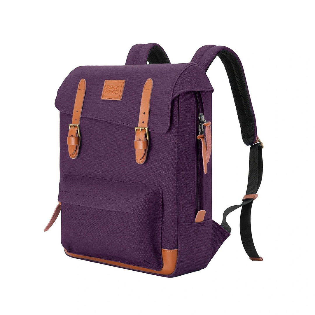 Sea Dragon Dreams ROCKBROS purple vintage-style cotton cycling backpack with tan leather trim and adjustable straps.