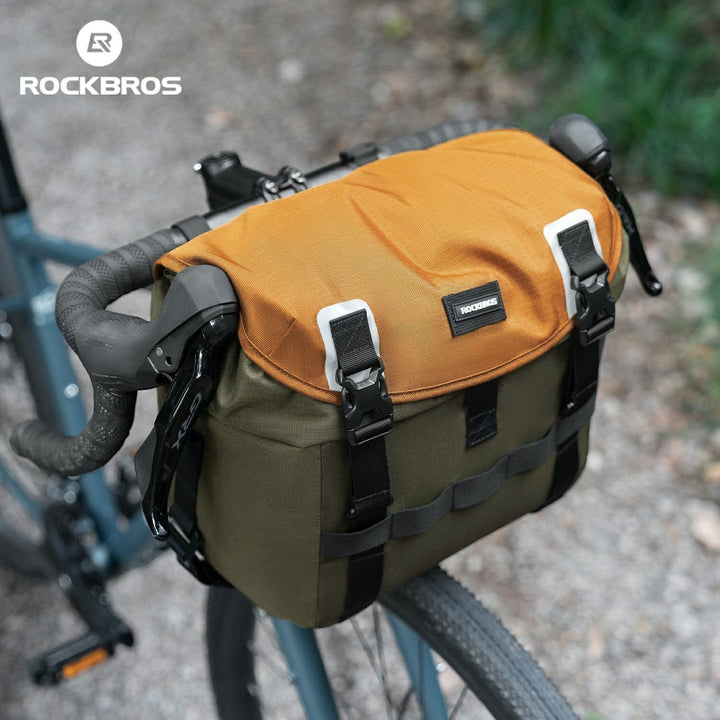 Sea Dragon Dreams ROCKBROS 24L waterproof bike handlebar bag in olive green and mustard yellow for gravel and road bikes