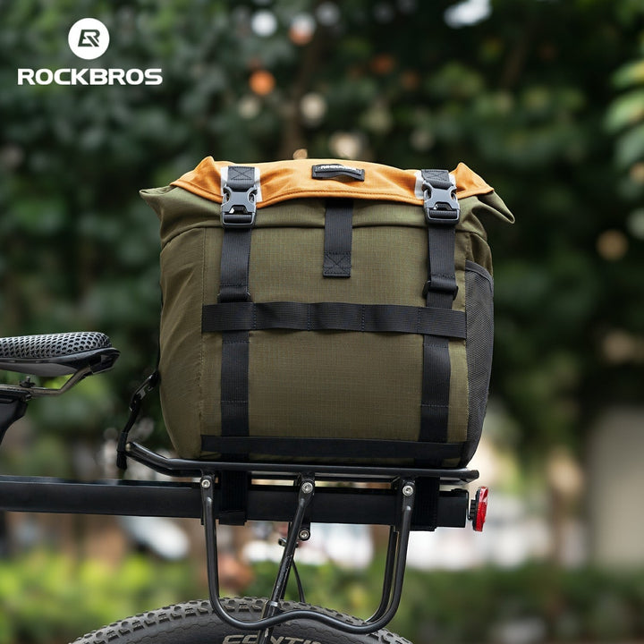 Sea Dragon Dreams ROCKBROS 24L waterproof olive green and mustard yellow bike rack bag with buckle straps