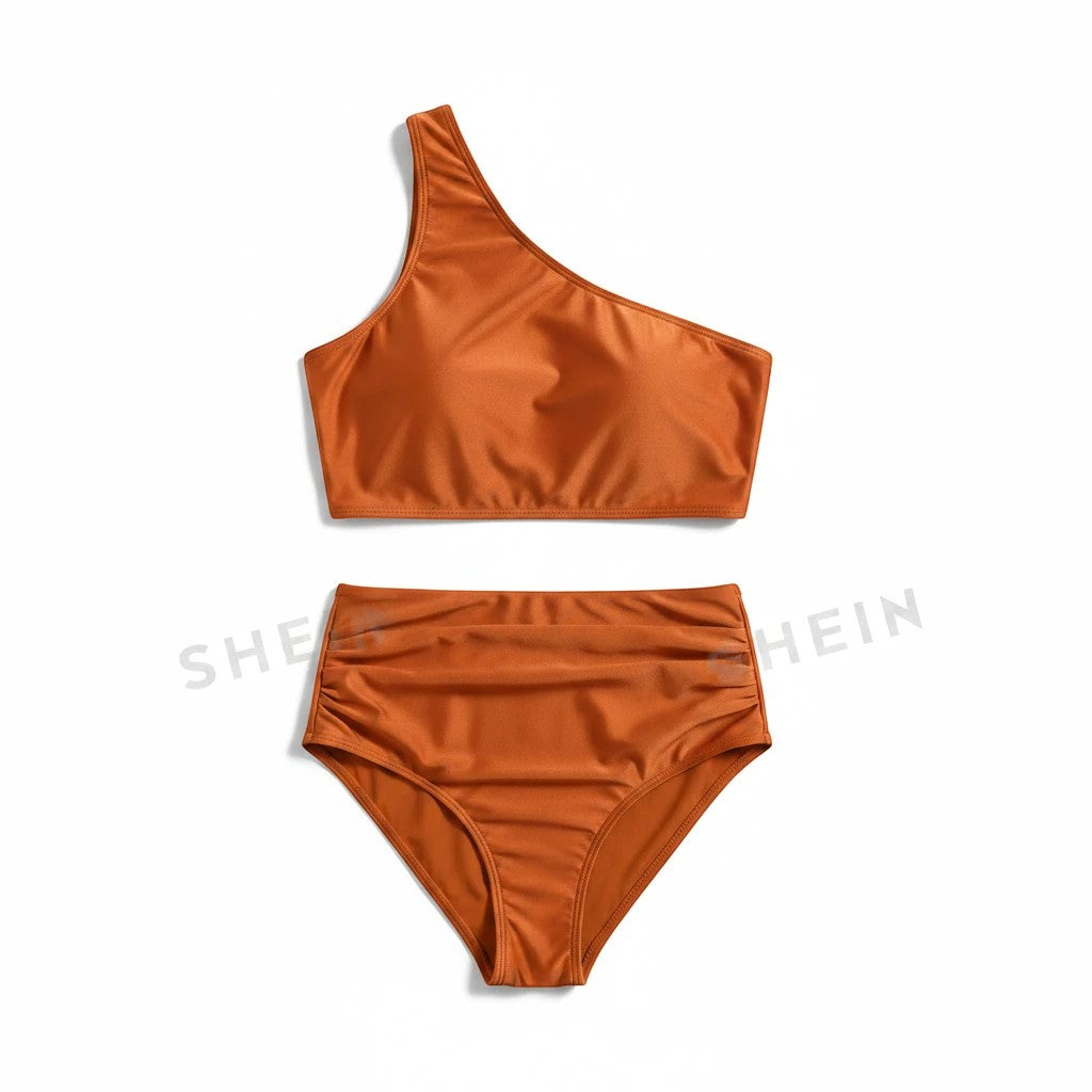 Sea Dragon Dreams rust orange one-shoulder bikini set with high-waisted ruched bottoms in stretch fabric