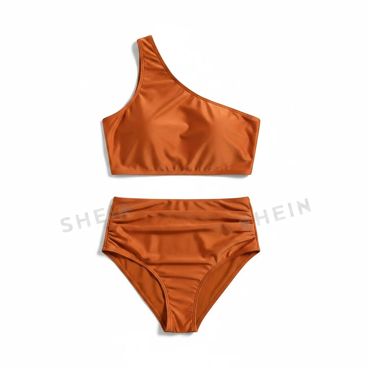 Sea Dragon Dreams rust orange one-shoulder bikini set with high-waisted ruched bottoms in stretch fabric