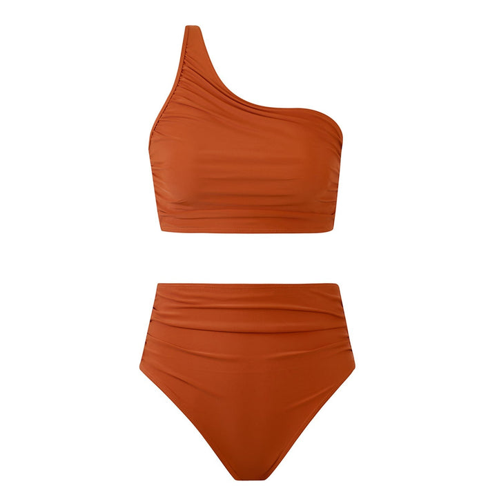 Sea Dragon Dreams rust orange one-shoulder bikini set with high-waisted ruched bottoms and stretch fabric
