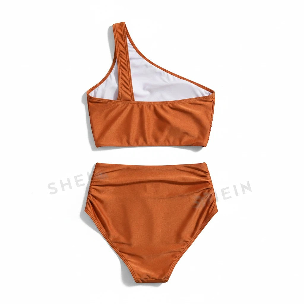 Sea Dragon Dreams rust orange one-shoulder bikini set with high-waisted bottoms in soft stretch fabric