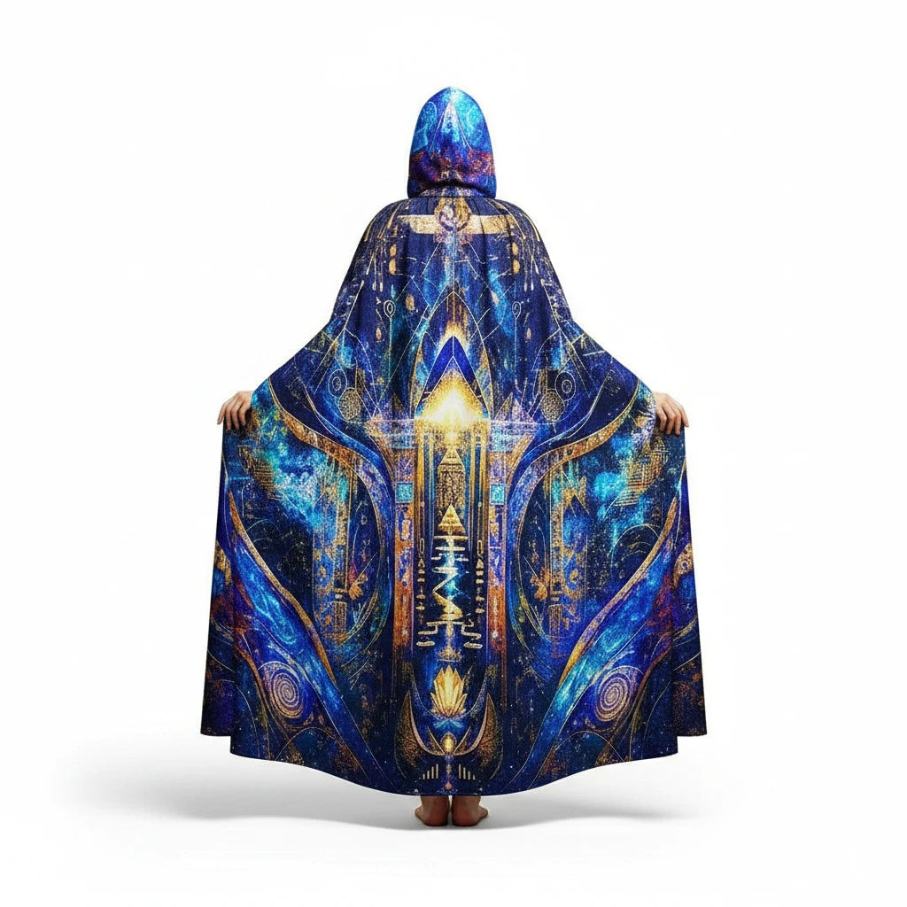 Sea Dragon Dreams Sacred Light unisex hooded cloak featuring radiant blue and gold spiritual artwork on scuba fabric.