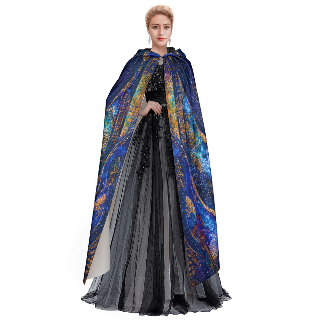 Model wearing a Sea Dragon Dreams Sacred Light hooded cloak with blue and gold spiritual artwork over a black dress.