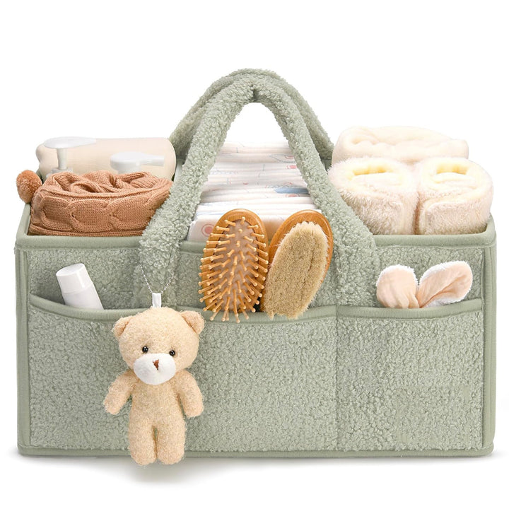 Sea Dragon Dreams sage green plush sherpa diaper caddy with teddy bear charm and multiple nursery storage pockets