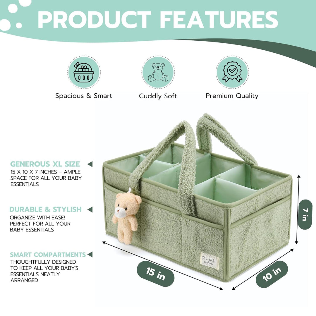 Sea Dragon Dreams sage green plush sherpa diaper caddy with teddy bear charm and multiple nursery storage compartments