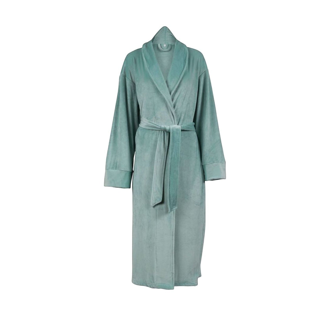 Sea Dragon Dreams plush velour robe in sage green with a tie waist and shawl collar for comfortable lounging