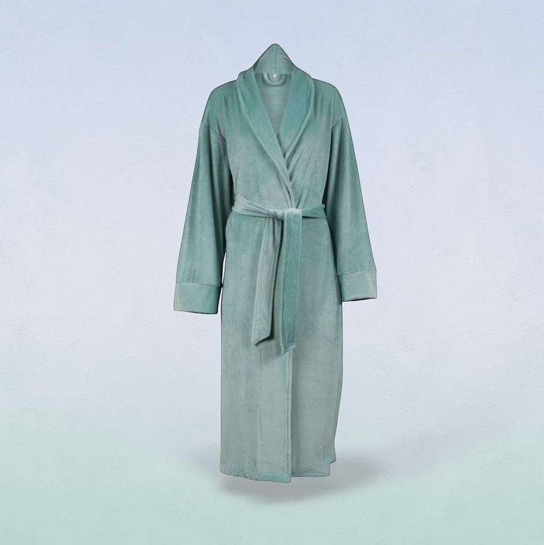 Sea Dragon Dreams plush velour robe in sage green with a tie waist and shawl collar for comfortable lounging.
